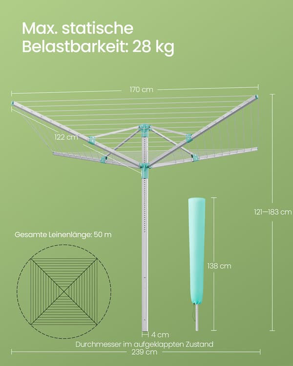 Tørrestativ 50 meter - Justerbar og stabil - Sølv/Grøn