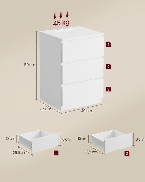 Sidebord med 2 stikkontakter til soveværelset Cloud White