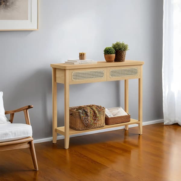Konsolbord - Boho-stil med 2 skuffer - Eg Beige