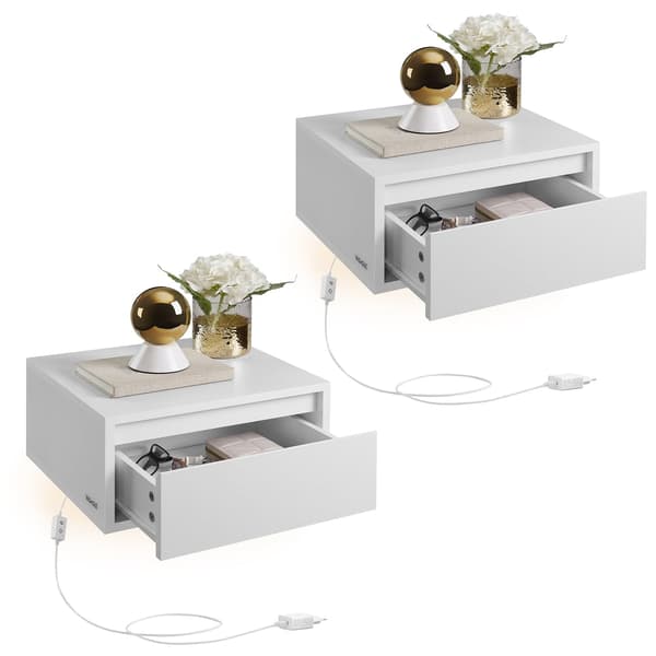 Hængende sengeborde sæt med 2 - LED-belysning - USB - Cloud white - Moderne