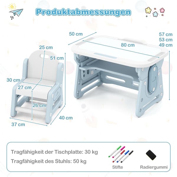 Barnbord - med stol och Nejbart whiteboard Höjdjusterbar - Blå