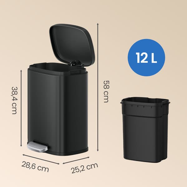 Pedalspand - 12 liter - softclose-låg - Stål - Sort