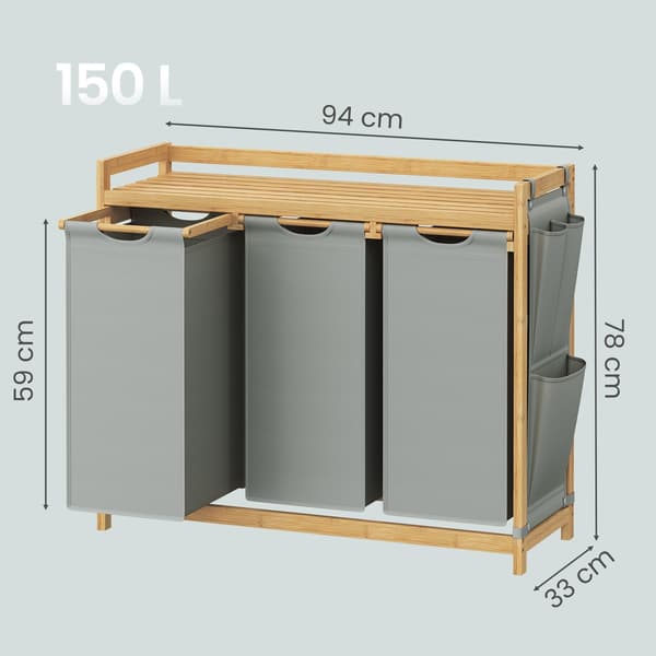 Pyykkikori, jossa 3 lokeroa - Bambu - 150L