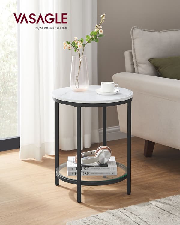 Sidebord - 2 niveauer - sort stel - hvid marmorlook