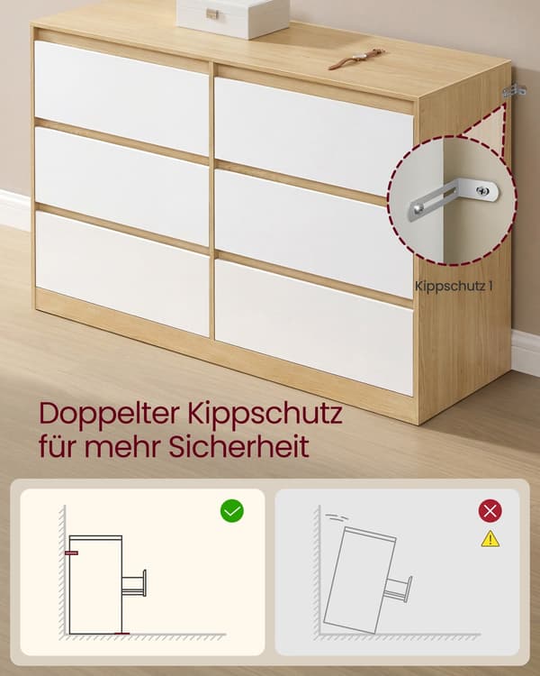 Kommode - 6 skuffer - Moderne - 119 cm bred - Mandelgul-hvid