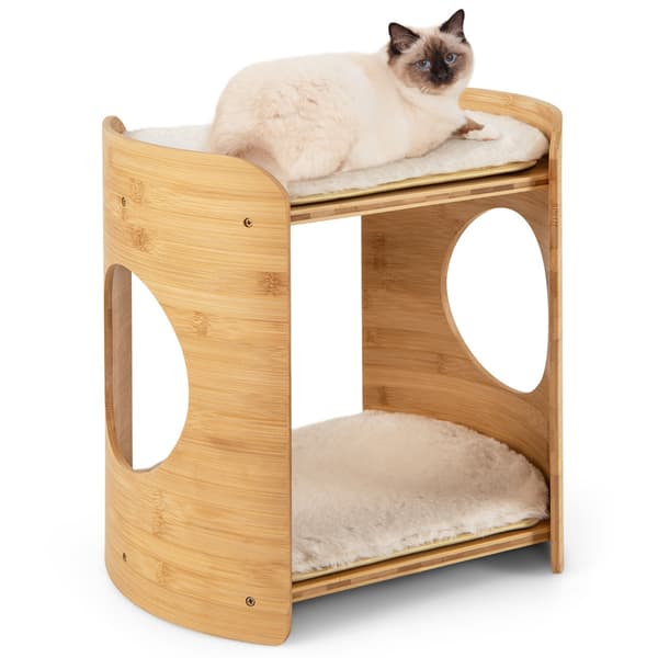 vånings - bambu kattsäng med avtagbara plyschmattor och katthål för kattsovplats - 2 2 - Beige