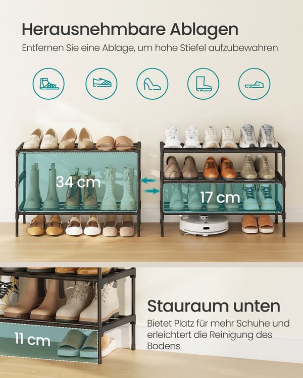 Skohylde - 3 niveauer - Stabelbar - Pladsbesparende - Sort