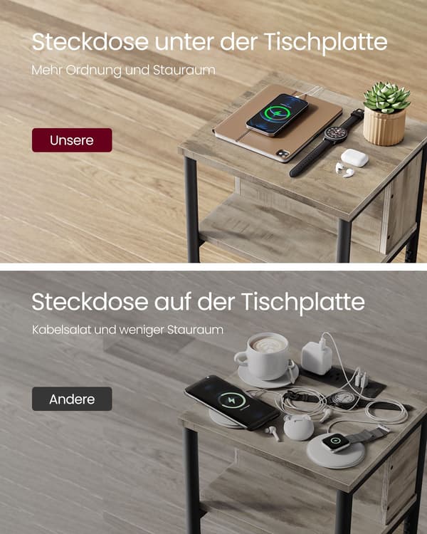 Sidebord med stikkontakt - moderne design - hasselnøddebrun-sort