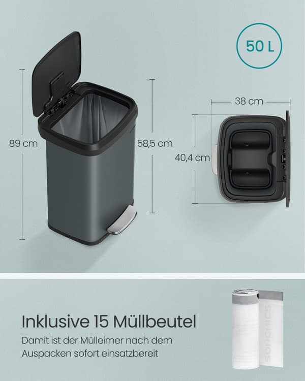 Køkkenaffaldsspand - med låg - 50 liter - antracitgrå-sort