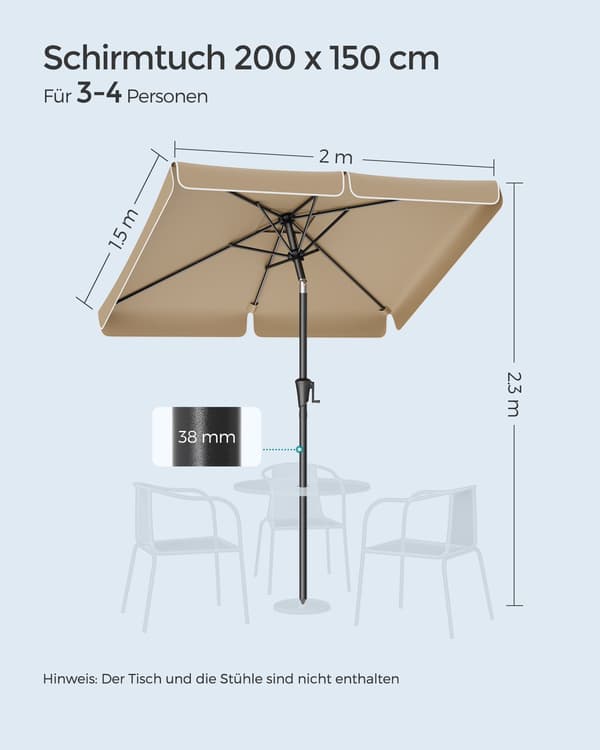 Balkonparasol - rektangulær - 200 x 150 cm - taupe