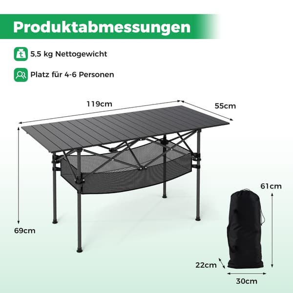 Fällbart - campingbord med rullbar aluminiumsskiva och nätkorg, fällbord - Svart