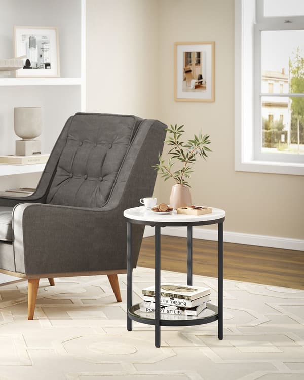 Sidebord - 2 niveauer - sort stel - hvid marmorlook