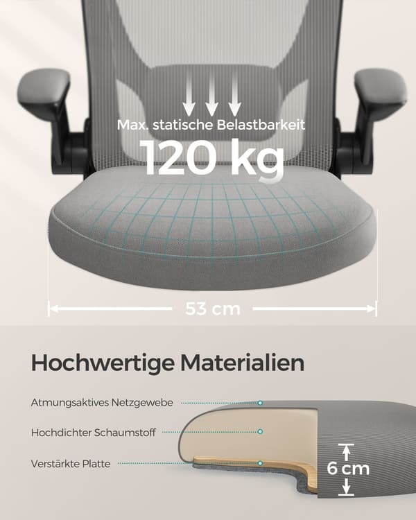 Kontorstol - ergonomisk med armlæn og vippefunktion - duegrå