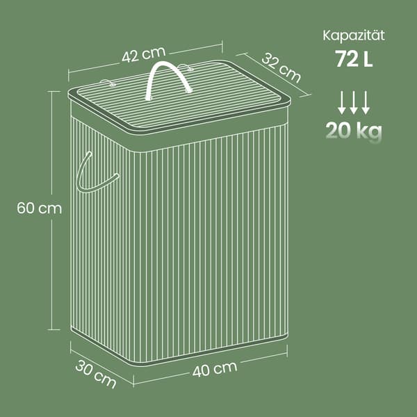 Tvättkorg med lock - 72 L - Bambu - Grå