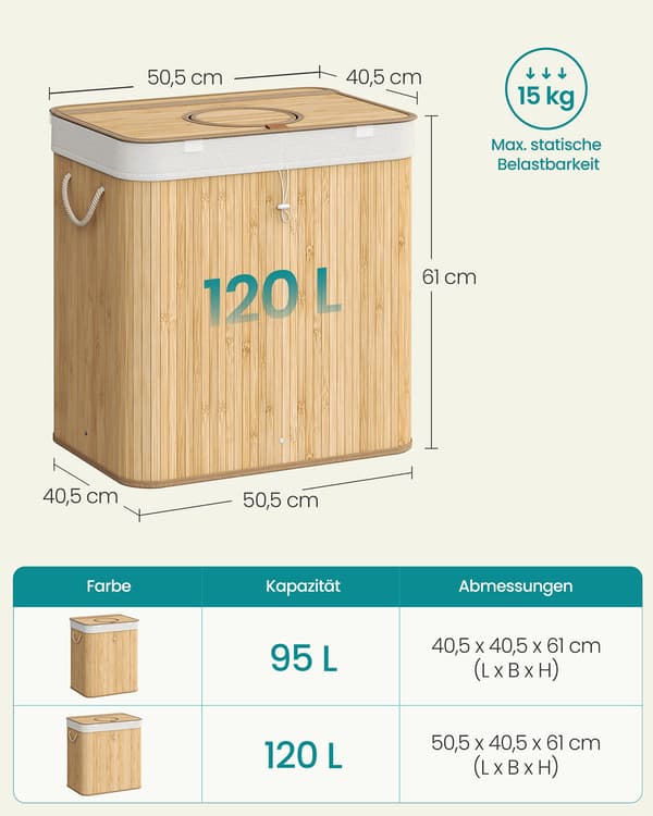 Panttikontti - 120 litraa - Bambu ja teräs - Luonnonbeige