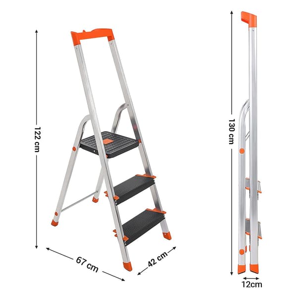 3-trins stige - Skridsikker og foldbar - Sølv, sort, orange