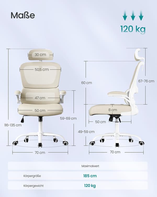 Kontorstol - ergonomisk med foldbare armlæn - beige