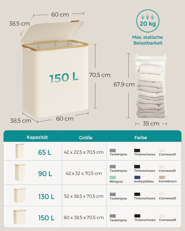 Tvättkorg - med lock - 150 liter - krämvit