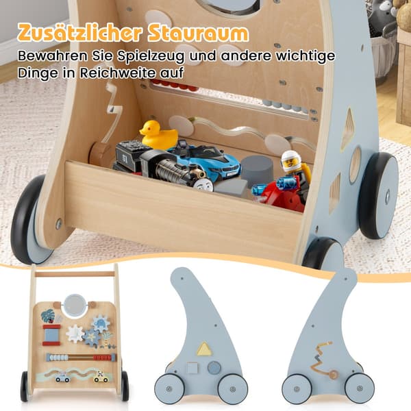 Baby - Walker i trä med Multi Activity Learning Center Montessori Push - Blå