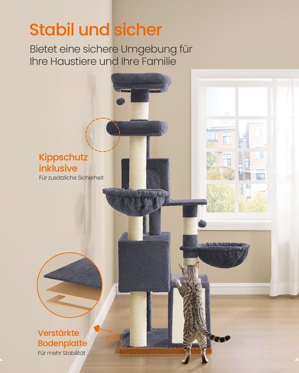 Kradsetræ - 174 cm - Stor Platform - Dobbelt Hule - Mørkegrå