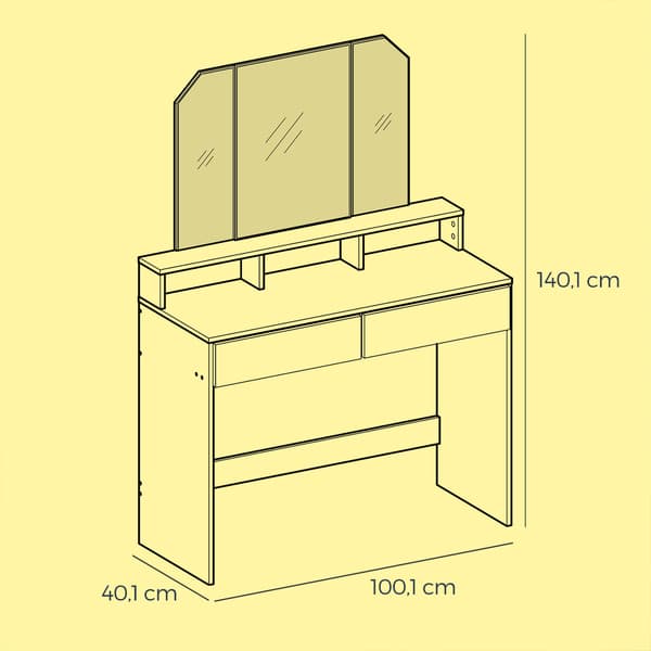 Toiletbord - Foldbart spejl - 2 skuffer - Hvid