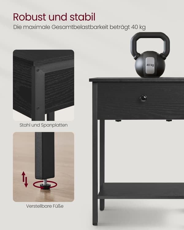 Sidebord med skuffe og hylde - spånplade og stål - sort