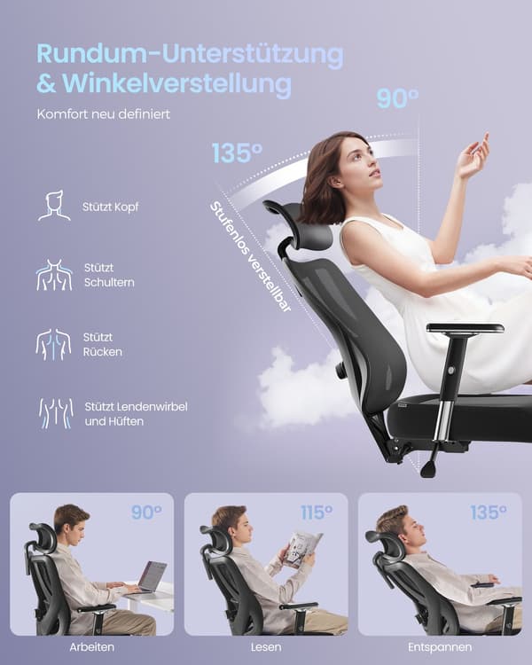 Ergonomisk kontorsstol - 1 styck - justerbart stöd - bläcksvart