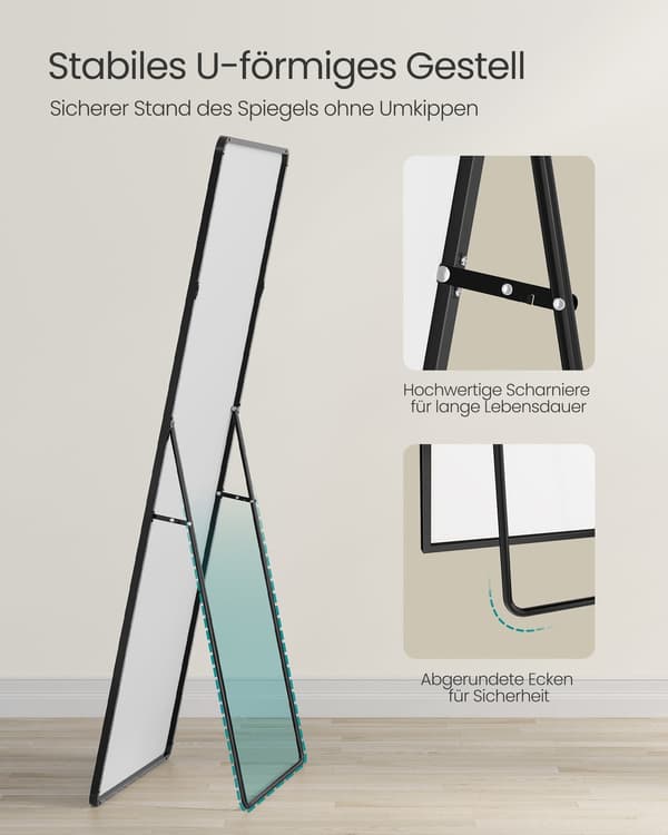Rektangulär stående spegel - 165 x 60 cm - för sovrum, vardagsrum, garderob - bläcksvart