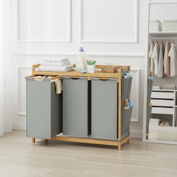 Pyykkikori, jossa 3 lokeroa - Bambu - 150L