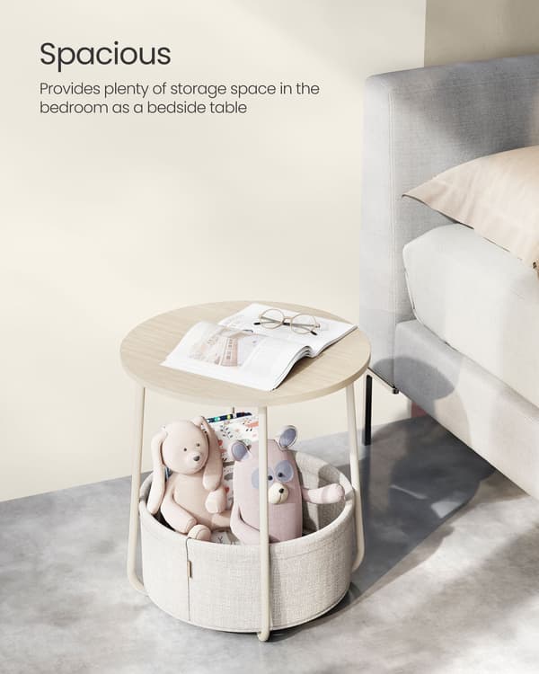 Pyöreä sivupöytä kangaskorilla 45 cm beige