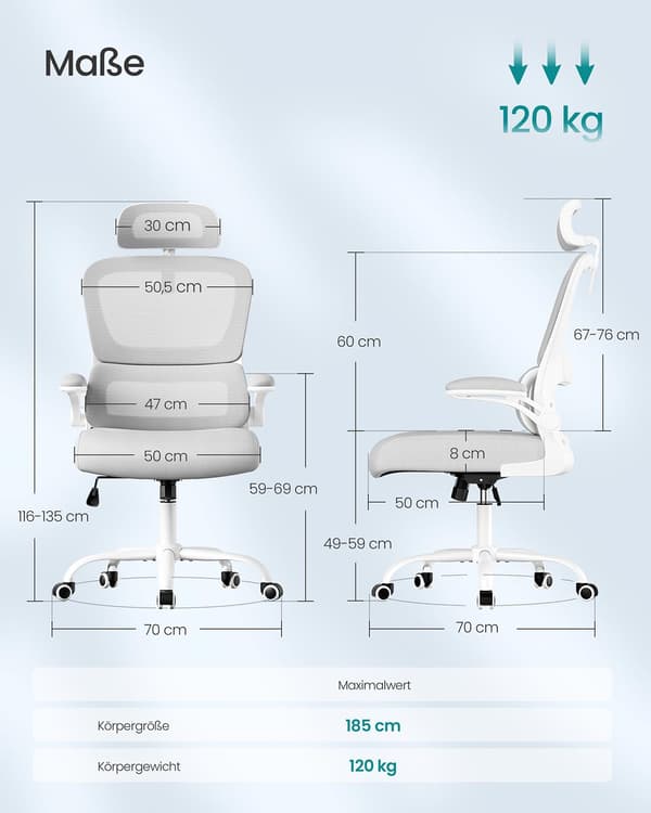 Kontorsstol - ergonomisk med fällbara armstöd - grå