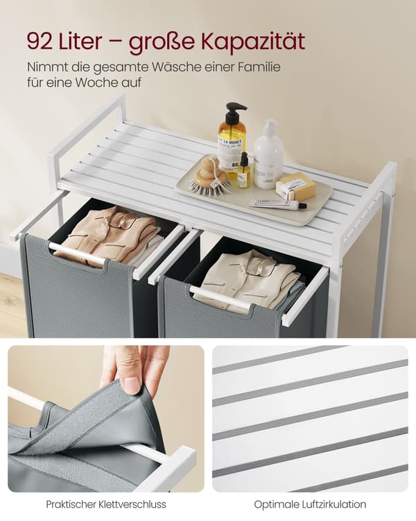Tvättkorg - 2 x 46 L med hyllplan - vit-ljusgrå