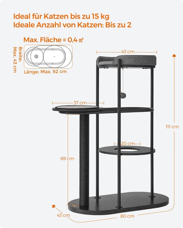 Kradsetræ - 111 cm høj - klassisk sort sisal - sort