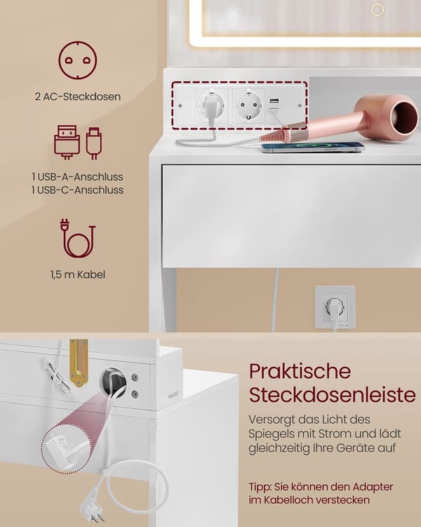 Sminkbord med LED-belysning - 90 cm brett - molnvitt