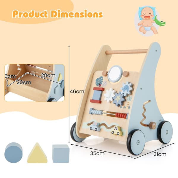 Baby - Walker i trä med Multi Activity Learning Center Montessori Push - Blå