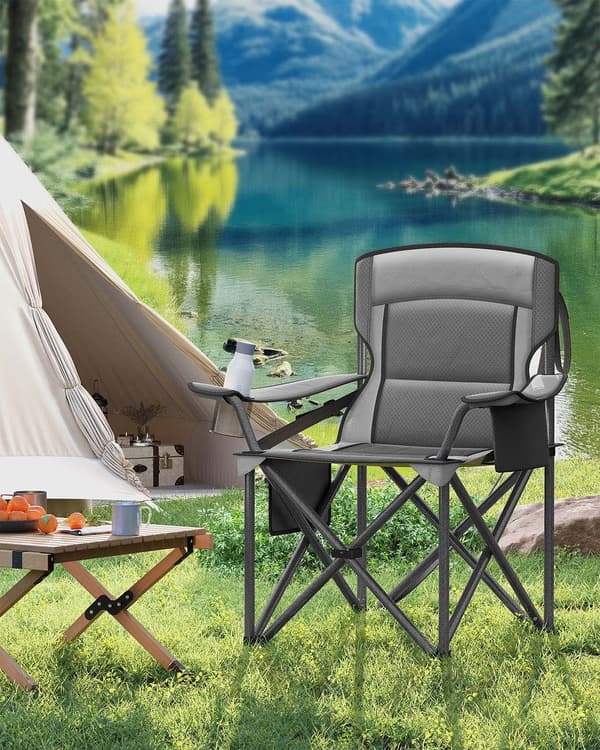 Campingstol med kopholder og skumpolstring - skifergrå