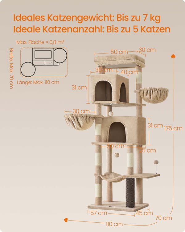 Kradsetræ 175 cm - 2 huler og 2 senge - kamelbrun