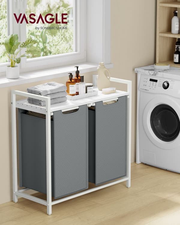 Tvättkorg - 2 x 46 L med hyllplan - vit-ljusgrå