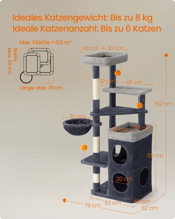 Kradsetræ - 152 cm - med huler og platforme - duegrå