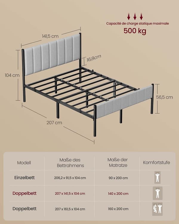 Dobbeltsengestel med stållamelbund, duegrå