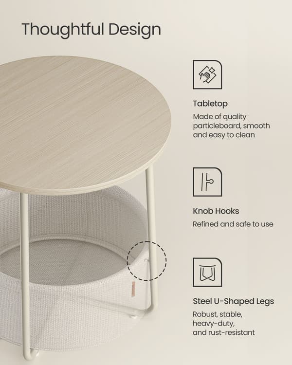 Pyöreä sivupöytä kangaskorilla 45 cm beige