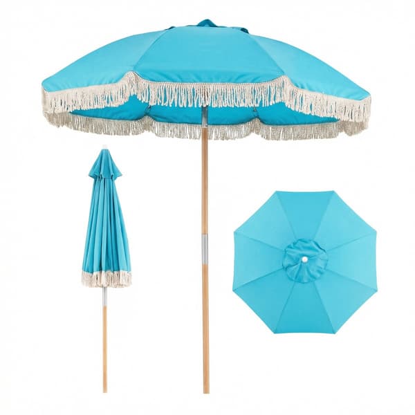 Boho - Parasol Vinkelbarm 30° i båda riktningar med Franser - 170 cm - Blå