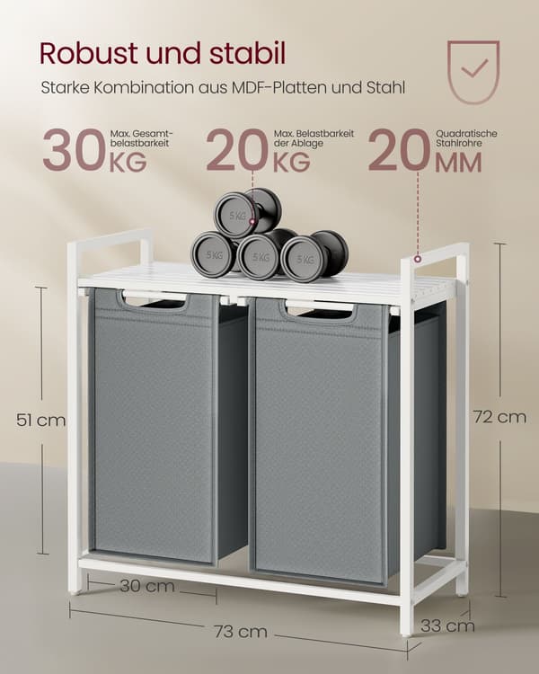 Tvättkorg - 2 x 46 L med hyllplan - vit-ljusgrå