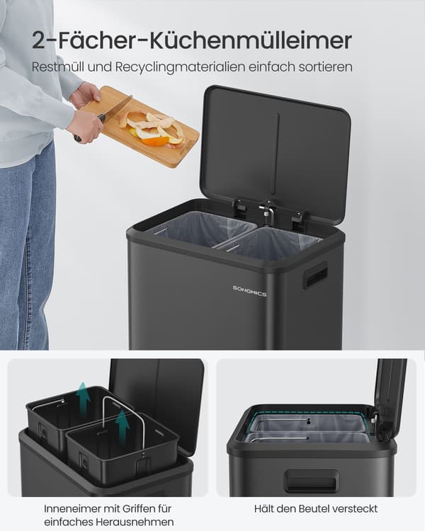 Avfallssorteringssystem - 2 x 15 l - Stål - Bläcksvart