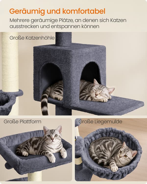 Kradsetræ - 174 cm - Stor Platform - Dobbelt Hule - Mørkegrå