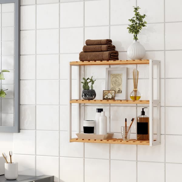 Badrumsställ - Justerbara hyllor - Bambu - Natur/Vit