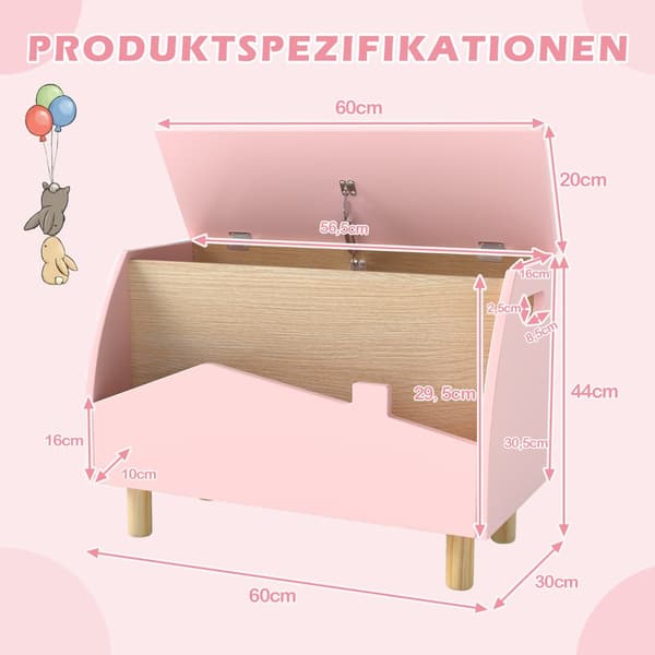 Leksakslåda - i trä med hyllplan lock - 60 x 30 x 44 cm - Rosa