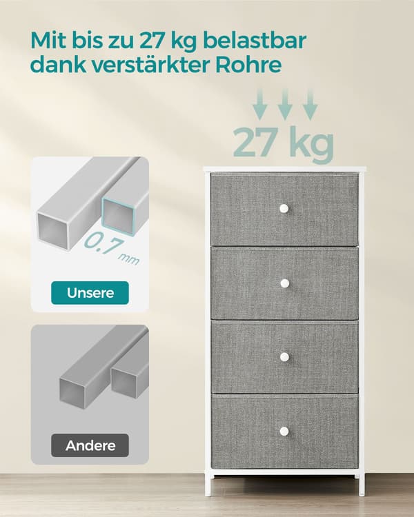 Kommode - 4 stofskuffer - metalstel - lysegråhvid