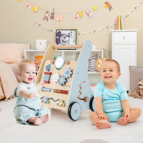 Baby - Walker i trä med Multi Activity Learning Center Montessori Push - Blå