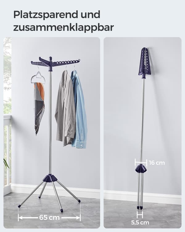 Tørrestativ - 3 drejearme - rustfrit stål - blå sølv